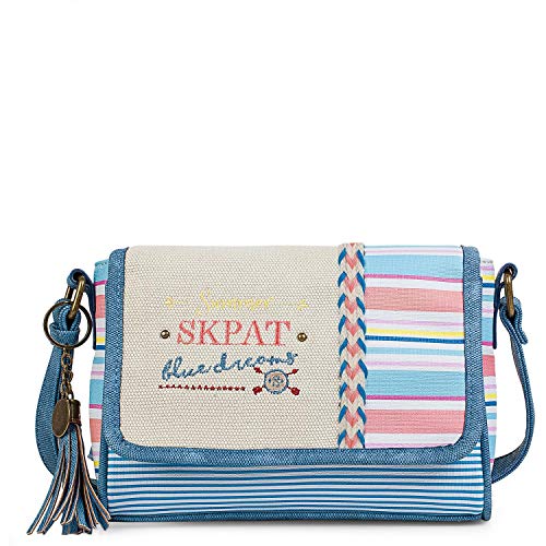 SKPAT - Bolso Bandolera de Mujer. Cierre Cremallera y Solapa. Bolsillo Exterior Delante. Pequeño. Ideal para Diario. Lona y Poliéster. Bordado. Etnico. 302579, Color Azul