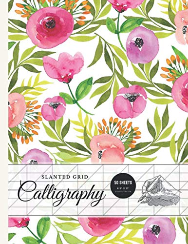 Slanted Calligraphy Paper 50 Sheets 8.5"x 11", Blank Calligraphy Practice Sheets - Pink, Peach, and Violet Flowrs On White