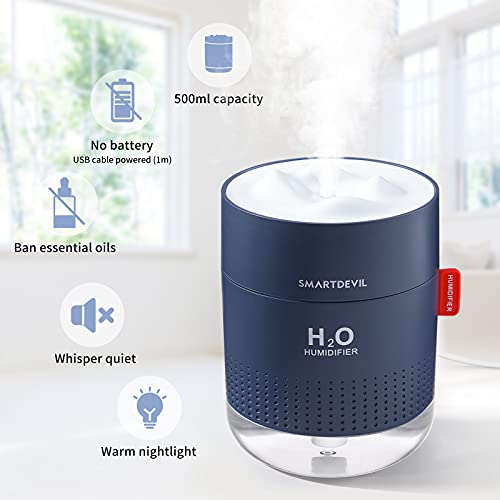 SmartDevil Humidificador 500ml, humidificadores ultrasónicos de aire con alimentación USB, apagado automático para el el hogar, dormitorio, la oficina,Sin batería,Aceite esencial prohibido - 2 Filtros