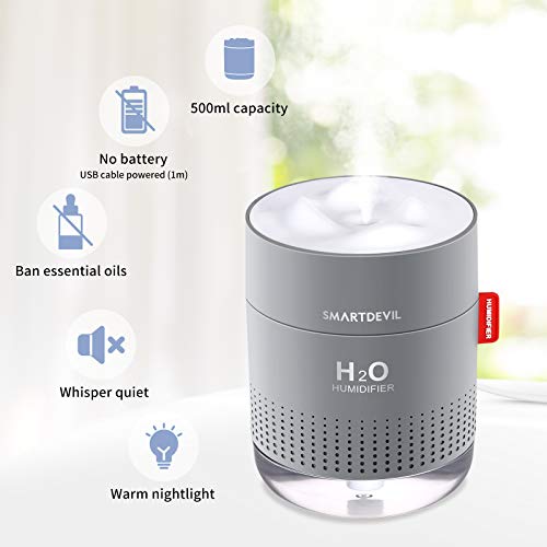 SmartDevil Humidificador 500ml, humidificadores ultrasónicos de aire con alimentación USB, apagado automático para el el hogar, dormitorio, la oficina,Sin batería,Aceite esencial prohibido - 2 Filtros