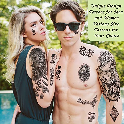 SOOVSY 70 Hojas Tatuaje Temporal Tótem Tribal León Dragón Búho Águila, Tatuajes de Medio Brazo para Hombre, Tatuajes Temporales Realistas Flor Mariposa Cráneo Ala Ancla, Pequeños Tatuajes Falsos