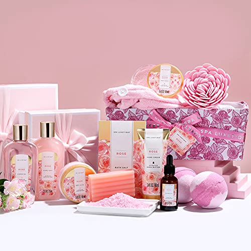 Spa Luxetique Set de Baño y Ducha, Set de 12 Regalos para Mujer a Rosa，Set de Spa para Hogar, Incluye Gel de Ducha, Baño de Burbujas, Aceite de Masaje, Bomba de Baño, Regalos Originales para Mujer