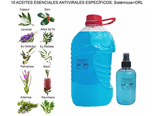 SPRAY ANTIVIRICO DESINFECTANTE 3LITROS PARA RELLENAR +SPRAY 250ML REGALO-10 Aceites Esenciales.Limpiador Hidroalcohólico 100% Eficaz. Piel, textil, Multisuperficie.