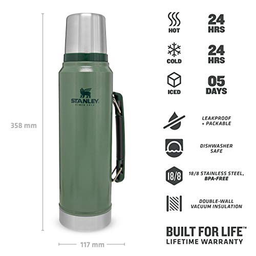 Stanley Classic Legendary Botella Termica 1 Litro Hammertone Green – Termo Cafe - Cantimplora Acero Inoxidable - Sin BPA - Mantiene Frío o Calor 24 Horas - Apto Para Lavavajillas