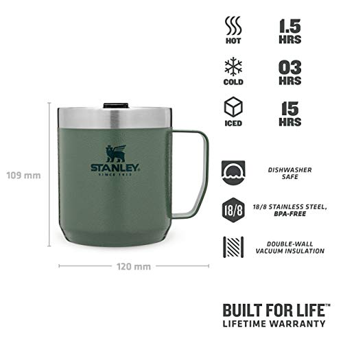 Stanley Classic Legendary Camp Mug Termo Café para Llevar, Acero Inoxidable, Hammertone Green, 0.35L