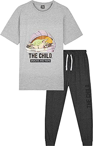 Star Wars Pijama Hombre, Baby Yoda Pijamas Hombre, Camiseta Manga Corta Diseño Mandalorian y Pantalones Largos, Regalos para Hombre y Adolescentes Talla S - 3XL (Gris, XL)