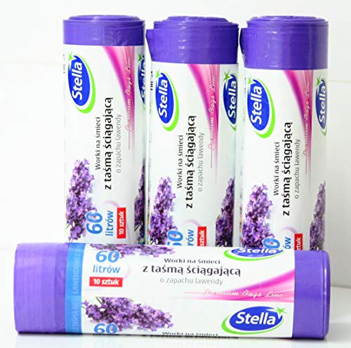 Stella Bolsas de basura perfumadas de lavanda con cordón, 60 litros, 4 rollos x 10 bolsas/bolsas de basura/bolsas de basura/bolsas de basura/Super fuerte aroma a lavanda Premium Bags Line