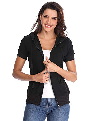 Sudaderas de Las Mujeres Negro Frontal Manga Corta Chaqueta Informal con Bolsillos Prendas de Vestir Exteriores básica - XL