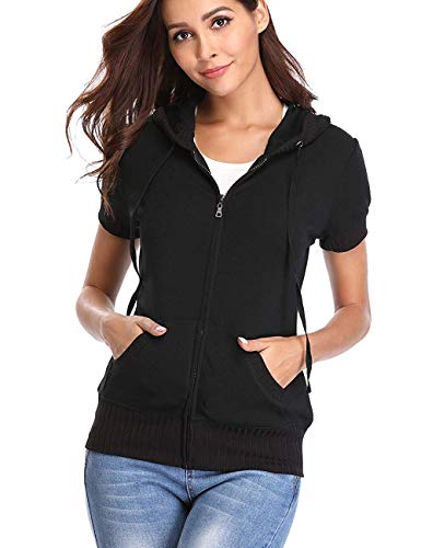 Sudaderas de Las Mujeres Negro Frontal Manga Corta Chaqueta Informal con Bolsillos Prendas de Vestir Exteriores básica - XL