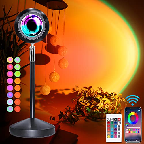 Sunset Lamp Pro 16 Colores en 1, Aplicación y Mando Control Remoto, Sunset Projection Lamp, Luz Nocturna USB con Rotación de 180° con Control Remoto, Ideal para Fotografía, Fiesta, Decoración Familiar