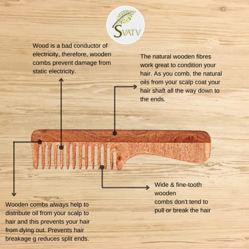 SVATV Peine de madera de Neem hecho a mano para desenredar el pelo para cabello grueso, rizado y ondulado, no estático y respetuoso del medio ambiente hecho en la India N-74