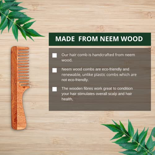 SVATV Peine de madera de Neem hecho a mano para desenredar el pelo para cabello grueso, rizado y ondulado, no estático y respetuoso del medio ambiente hecho en la India N-74