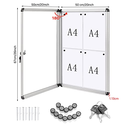 SwanSea Tablón de anuncios cerrado Tablero de anuncios de borrado en seco magnético Tableros de anuncios con cerradura Blanco con marco de aluminio, 67 x 50 cm (4 x A4)