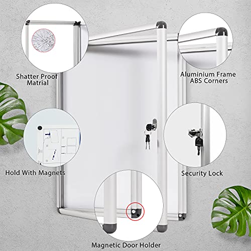 SwanSea Tablón de anuncios cerrado Tablero de anuncios de borrado en seco magnético Tableros de anuncios con cerradura Blanco con marco de aluminio, 67 x 50 cm (4 x A4)