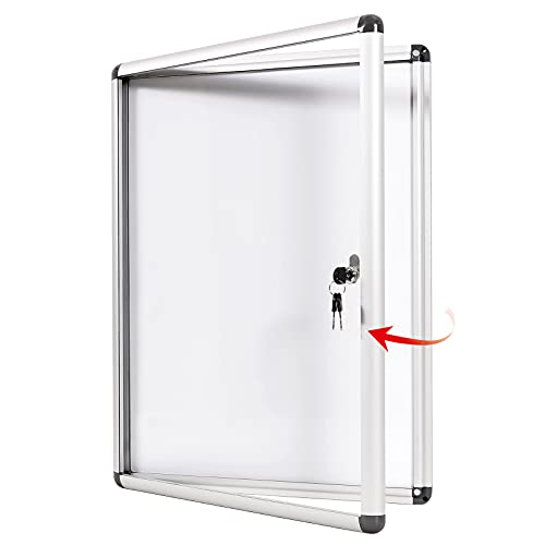 SwanSea Tablón de anuncios cerrado Tablero de anuncios de borrado en seco magnético Tableros de anuncios con cerradura Blanco con marco de aluminio, 67 x 50 cm (4 x A4)