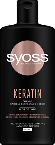 Syoss - Champú Keratin, 440 ml, Para cabello encrespado y seco, Controla el encrespamiento y repara en profundidad, Cabello como recién salido de la peluquería