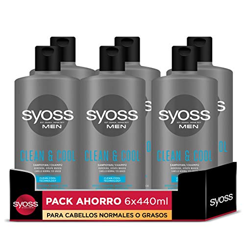 Syoss - Champú Men Cool - Para pelo normal o graso - 6uds de 440Ml (2.640ml) – Refresca y elimina el exceso de grasa - Cabello como recién salido de la peluquería