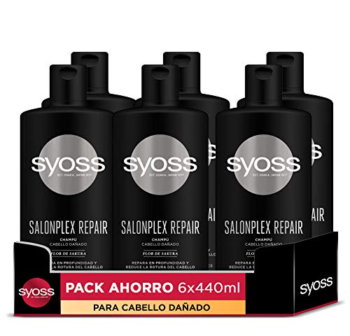 Syoss - Champú para pelo dañado Salonplex - 6uds de 440Ml (2.640ml) – Repara en profundidad y reduce la rotura del cabello - Cabello como recién salido de la peluquería