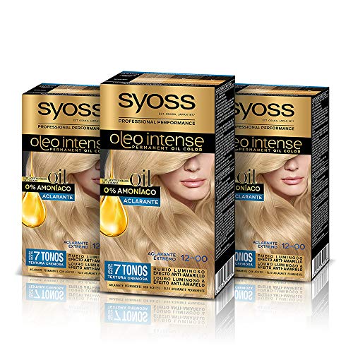 Syoss Oleo Intense - Tinte 12-00 Aclarante Extremo – Coloración permanente Sin Amoníaco – Cobertura profesional de canas – Resultados de peluquería (Pack De 3)