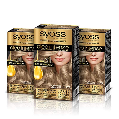 Syoss Oleo Intense - Tinte 8-05 Rubio Beige – Coloración permanente Sin Amoníaco – Cobertura profesional de canas – Resultados de peluquería (Pack De 3)