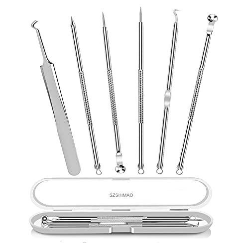 SZSHIMAO Extractor Limpiador Espinillas Acné Punto Negro Comedones Blackhead Remover Kit Herramientas,Acero Inoxidable Espinilla Pin Spot Aguja Pinzas Juego de 6Pcs-Mit Box