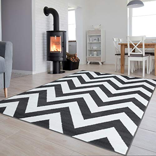 TAPISO Luxury Alfombra Salón Dormitorio Moderno Gris Oscuro Blanco Zig Zag Geométrico Suave Pelo Corto 120 x 170 cm