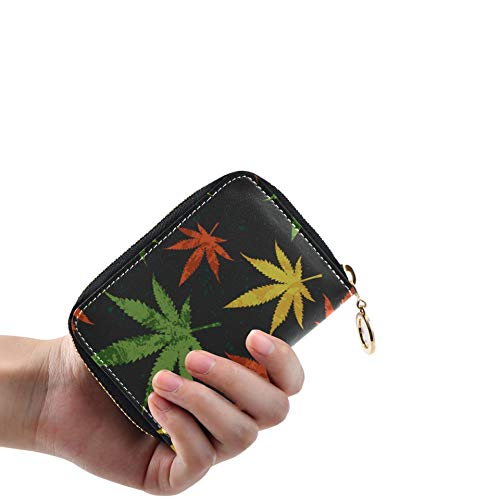 Tarjetero Cartera con Cremallera Cuero Natural Arte Colorido Hoja de Cannabis Moneda Tarjeta de crédito Monedero Cuero de PU Cremallera Alrededor Tamaño Compacto Tarjetero múltiple para Mujeres Seño