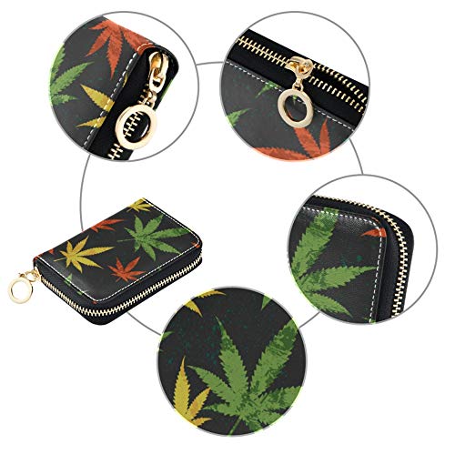 Tarjetero Cartera con Cremallera Cuero Natural Arte Colorido Hoja de Cannabis Moneda Tarjeta de crédito Monedero Cuero de PU Cremallera Alrededor Tamaño Compacto Tarjetero múltiple para Mujeres Seño