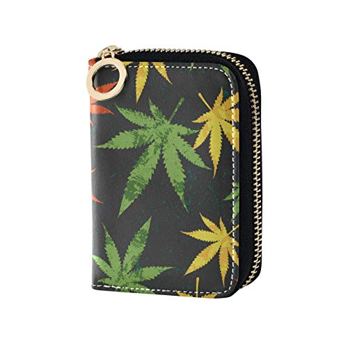 Tarjetero Cartera con Cremallera Cuero Natural Arte Colorido Hoja de Cannabis Moneda Tarjeta de crédito Monedero Cuero de PU Cremallera Alrededor Tamaño Compacto Tarjetero múltiple para Mujeres Seño