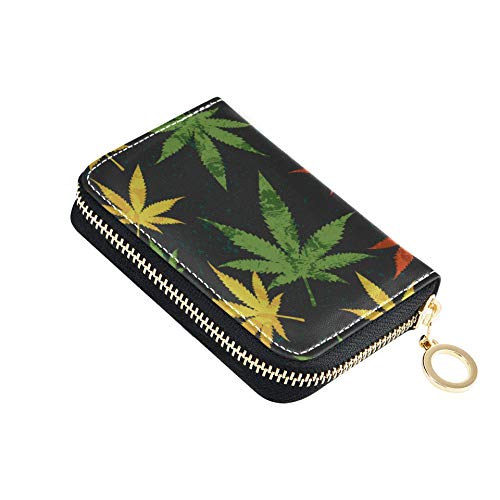 Tarjetero Cartera con Cremallera Cuero Natural Arte Colorido Hoja de Cannabis Moneda Tarjeta de crédito Monedero Cuero de PU Cremallera Alrededor Tamaño Compacto Tarjetero múltiple para Mujeres Seño