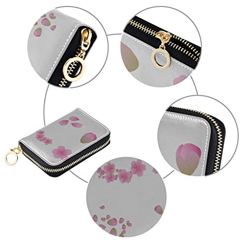 Tarjetero para Mujer Cartera Retro Japonesa con Flor de Cerezo Rosa Múltiples Ranuras para Tarjetas PU Cuero con Cremallera Estuche para Tarjetas de tamaño Compacto Cartera de Cuero para Mujeres Señ