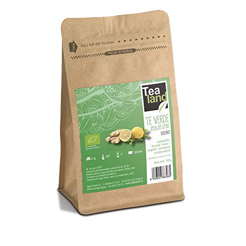 Tealand | Te Verde Ecologico con Jengibre y Limon | Hojas Sueltas, 100g | Te control de peso, Antioxidante y Digestivo | Infusion con Aromas Naturales