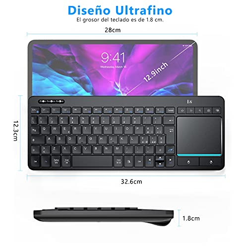 Teclado Inalámbrico Bluetooth con Touchpad, Pequeño Teclado Compacto con Panel Táctil, Dispositivo Múltiple BT1+BT2+2.4G Teclado Inalámbrico en Español para Smart TV Tablet Mac Laptop PC, Negro