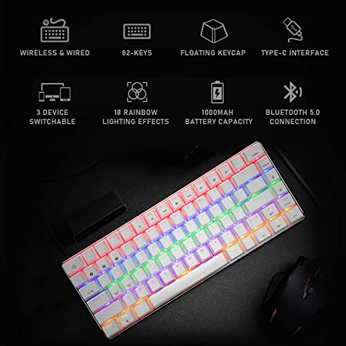 Teclado Mecánico Recargable, Teclado para Juegos Inalámbrico / con Cable USB Bluetooth 5.0 con Retroiluminación RGB, Interruptor Azul, 82 Teclas, Apto para Mecanógrafo de Juegos de Oficina PC Mac