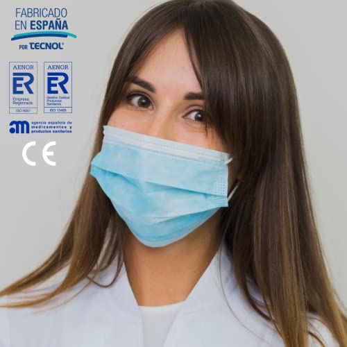 TECNOL HEALTH Mascarillas Quirúrgicas Azules - Fabricadas en España - 50 unidades - Tipo IIR - BFE > 99% - 3 Capas y Sin Grafeno - Pack de Mascarillas Homologadas para Adultos