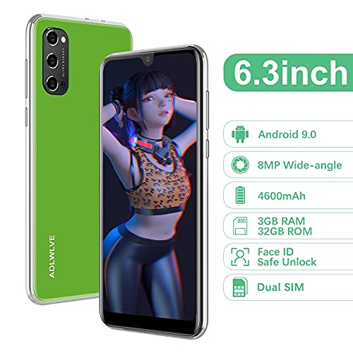 Teléfono Móvil Libres 4G, Android 9.0 Smartphone Libre, 6.3" Smartphone Barato 3GB RAM, 32GB / 64GB ROM, Dual SIM, 5MP+8MP, 4600mAh, Quad Core Smartphone Libre Face ID Movil Barato (Verde)