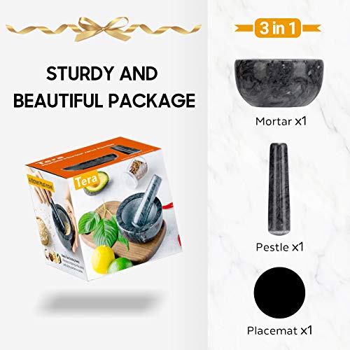 Tera Mortero y Maja Mármol Juego de Mortero y Maja de Mano con Diámetro Externo 12cm y Diámetro Interno 9cm Seguro para Alimentos Molinillo para Hierbas Especias Píldoras Negro