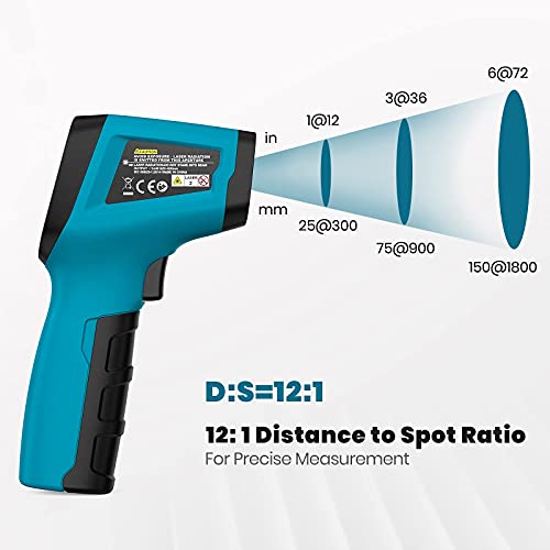 Termómetro Infrarrojo Industrial Tilswall Termómetro Láser Digital de Amplio Rango -50~600℃/ -58~1112℉ con Emisividad Ajustable y Alarma de Temperatura Alta/Baja para Vidrio/Metal/Carbono/Comida