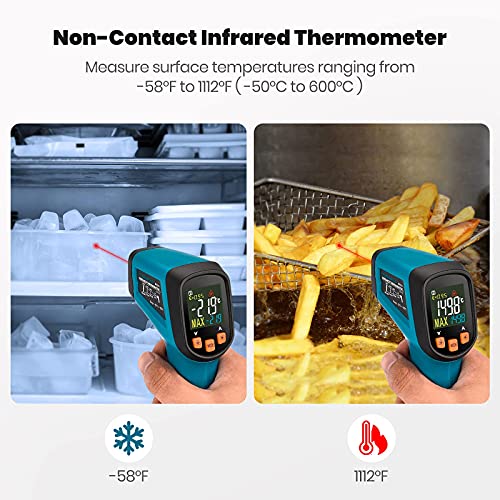 Termómetro Infrarrojo Industrial Tilswall Termómetro Láser Digital de Amplio Rango -50~600℃/ -58~1112℉ con Emisividad Ajustable y Alarma de Temperatura Alta/Baja para Vidrio/Metal/Carbono/Comida