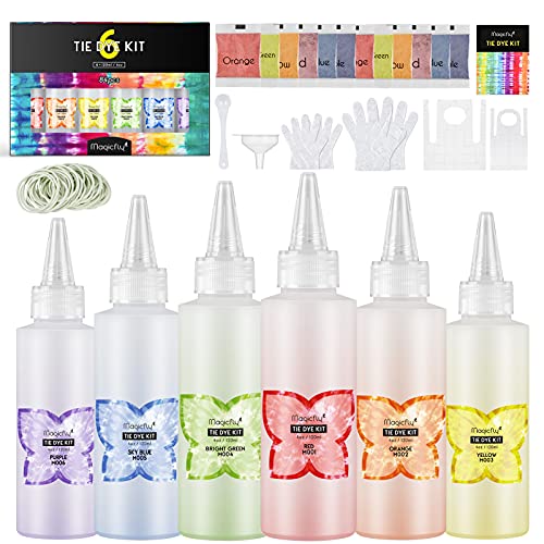 Tie Dye Tinte Ropa Kit 84 PCS Magicfly, Pintura Textil de Tela 6 Colores 120ML Permanente No tóxico Arte de Bricolaje Pintada Camiseta Vestir para Niños, Adultos Familia Fiesta, Actividad Escolar