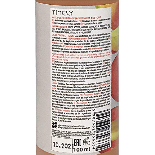 Timely - Quitaesmalte para uñas sin acetona con vitaminas E y A y proteínas de seda, tamaño pequeño, 100 ml