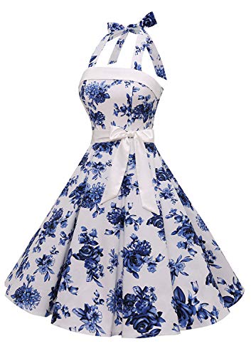 Timormode – Vestido de cóctel sexy, retro, vintage, para mujer, diseño de los años 40, 50 y 60, estilo Rockabilly, con escote C- Blanc Fleur Bleue XXXL