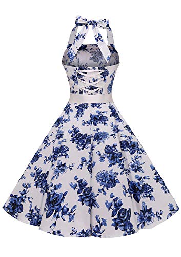 Timormode – Vestido de cóctel sexy, retro, vintage, para mujer, diseño de los años 40, 50 y 60, estilo Rockabilly, con escote C- Blanc Fleur Bleue XXXL