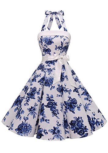 Timormode – Vestido de cóctel sexy, retro, vintage, para mujer, diseño de los años 40, 50 y 60, estilo Rockabilly, con escote C- Blanc Fleur Bleue XXXL