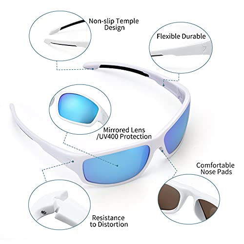 TJUTR Gafas de sol polarizadas deportivas para hombres y mujeres Ciclismo Correr Moda Espejo Lente Protección UV400 (Marco Blanco/Lente de Espejo Azul)