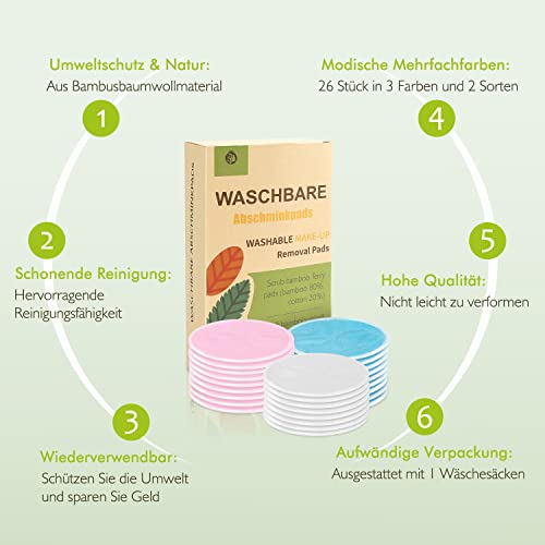Toallitas Desmaquillantes Lavables, 26 Unidades, Almohadillas de Algodón Reutilizables, Toallitas Desmaquillantes de Bambú y Algodón, con Bolsa de Lavandería, Almohadillas Desmaquillantes