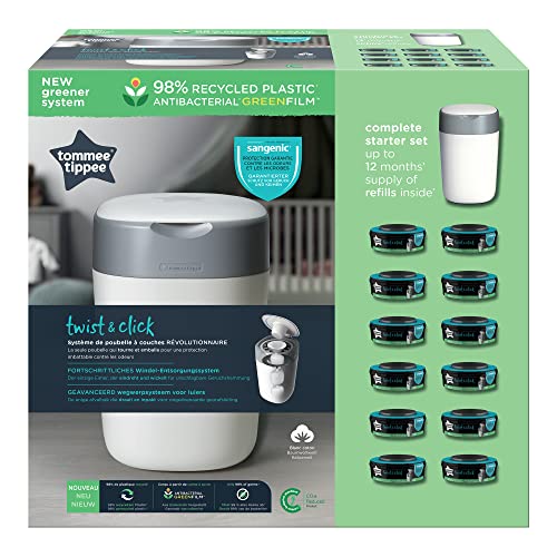 Tommee Tippee - Contenedor para Pañales Avanzado Twist and Click, Nuevo Sistema Ecológico, Incluye 12 Recambios con Película GREENFILM, Blanco