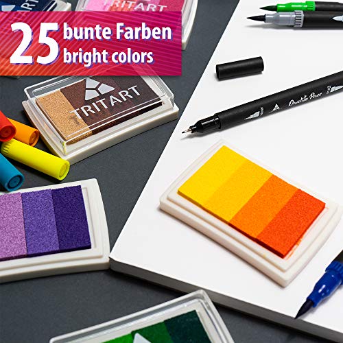 Tritart Cojines de tinta para huellas dactilares I tinta para sellos 24 colores vivos + 1 dorado .No tóxicos I tinta lavable para sellos I tintas para estampar diseñosI selloscrapbook papel o canvas