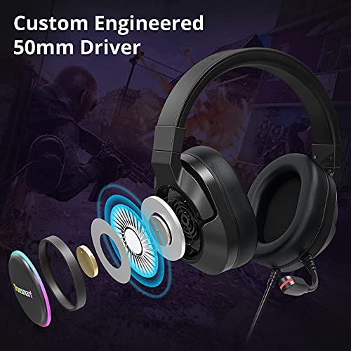 Tronsmart Sparkle Cascos Gaming Iluminación RGB, Auriculares Gaming Sonido Surround 7.1/Driver Audio de 50 mm-Profesional Headset Gaming con Micrófono para Mac/PC