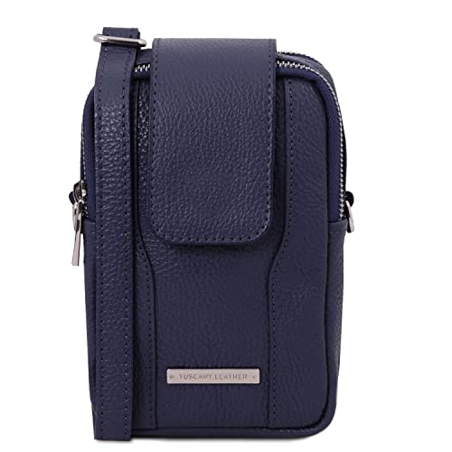 Tuscany Leather TLBag Bolsillo Porta móvil en Piel Suave Azul Oscuro